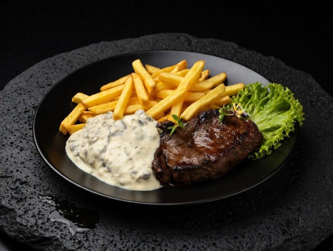 Bife de Chorizo con Salsa de Champiñón y Papas Fritas